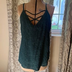 LOFT Dark Green Jacquard print V Neck Strappy Tank New with tags Size L